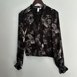 Joie Black Crane Floral Ruffle V Neck Smocked Hem Long Sleeve Blouse Top XS